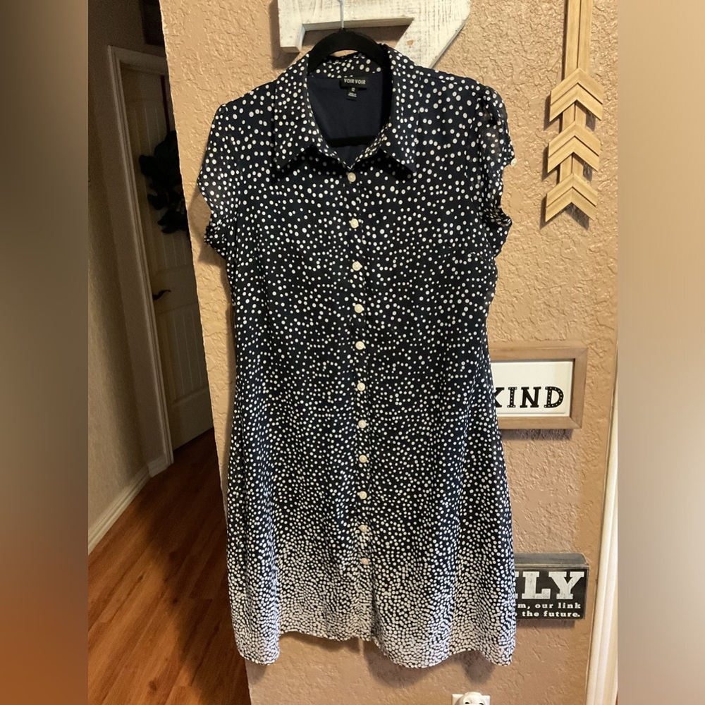 Voir Voir Navy White Polka Dot Dress Button Front Women’s Size 12